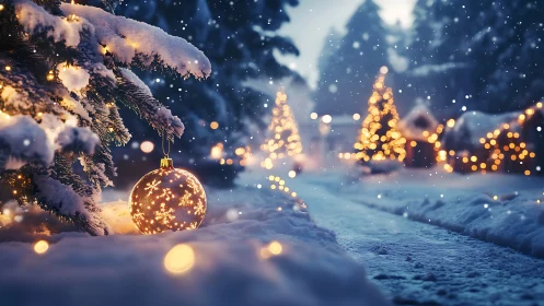 Snowlit village lane wrapped in twinkling Christmas wonder.