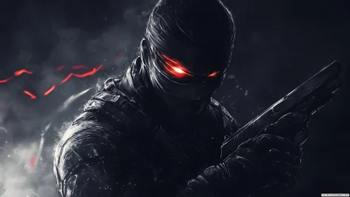 Digital painting of tactical cyber-assassin with glowing optics.