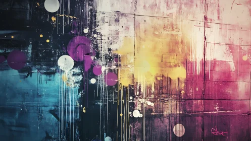 Vibrant abstract mural with drips, circles, and split colors.