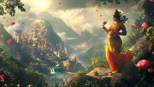 Hindu goddess figure overlooks ornate mountain temple valley