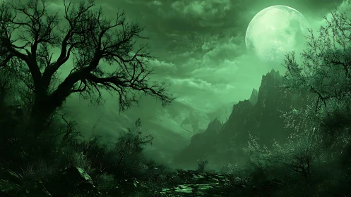 Emerald moonlit valley reveals stark silhouettes and rugged peaks