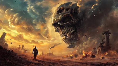Lone wasteland wanderer walks beneath colossal skull storm