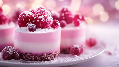Raspberry mousse mini cakes with powdered sugar topping.