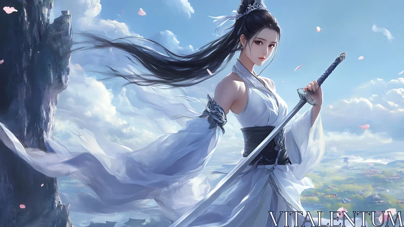 Sky-borne sword maiden in windlit petals and drifting clouds.