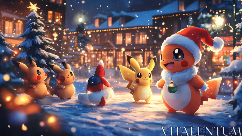 Festive electric creatures in snowy holiday village glow.