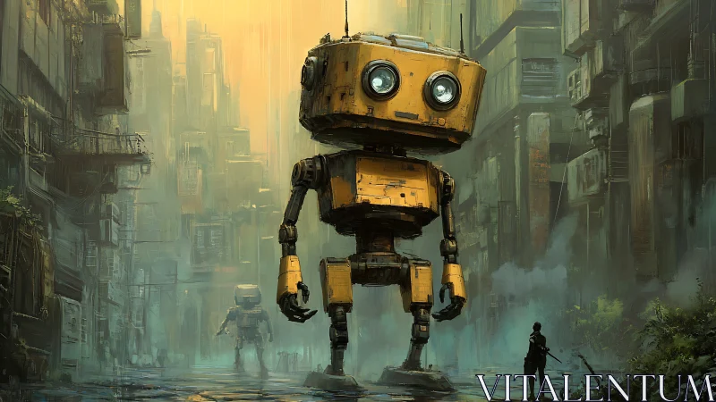 Curious yellow robot strolls gently through a misty city street