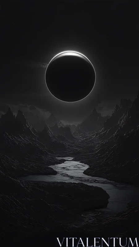 Silent eclipse above a shadowed river of alien stone.