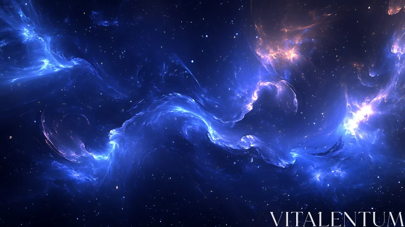 Swirling blue nebula clouds stretch across deep star field.