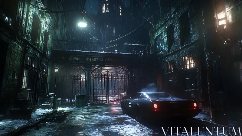 Rain-soaked city alley where a lone muscle car waits quietly.