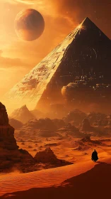 Wanderer in a glowing alien desert before a vast pyramid.