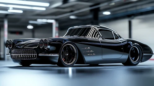 Midnight muscle prowls a neon garage in hyper-gloss chrome