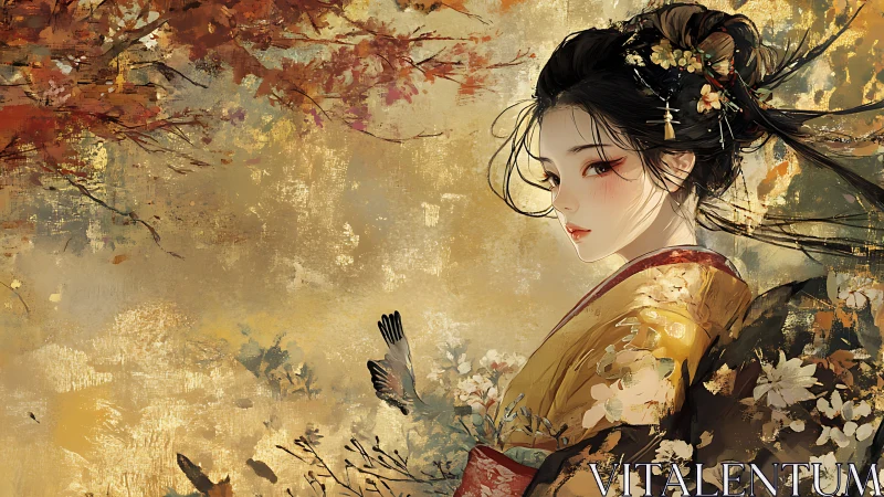 Autumnal digital portrait merges geisha elegance with painterly texture