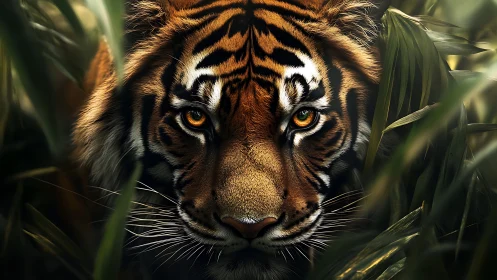 Tiger eyes burn through dense jungle shadows, poised hunting.