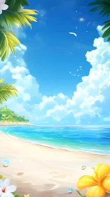 Tropical Beach Paradise Under Bright Blue Sky.