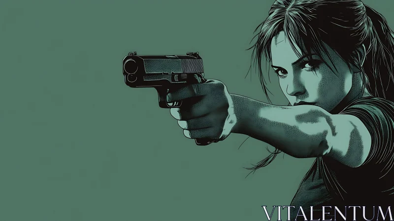 Steel-eyed vigilante aims truth down a muted green corridor.