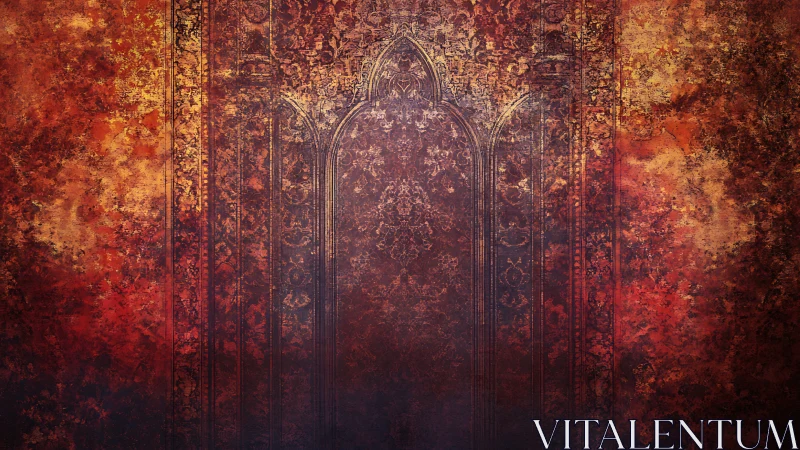 Warm vintage archway glowing in rich reds and golds.