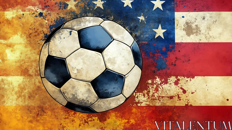 Grunge soccer ball overlay on worn American flag backdrop.