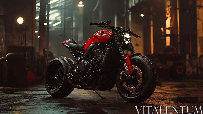 Red street beast waits, idling under molten factory light