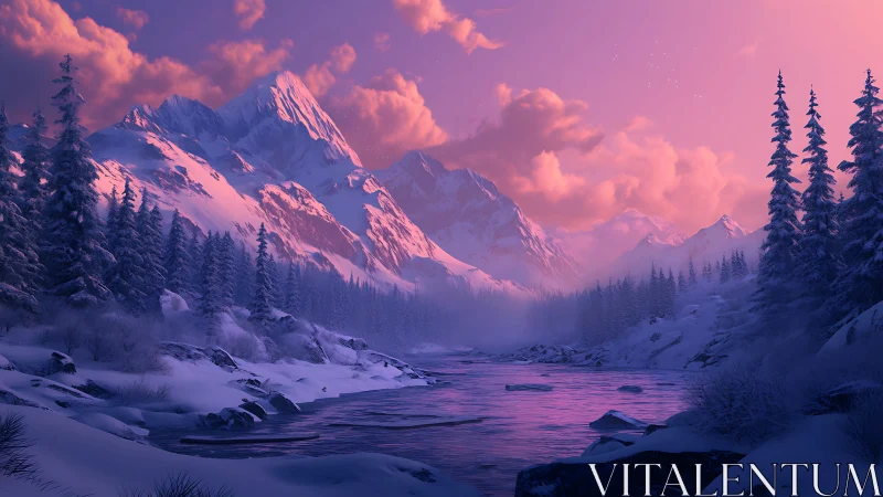 Snow covered mountain valley with river at pink twilight.