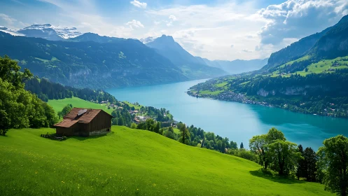 Mountain lake valley holds rustic farmhouse over green slopes