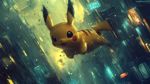 Pikachu moves through a rain soaked futuristic neon cityscape
