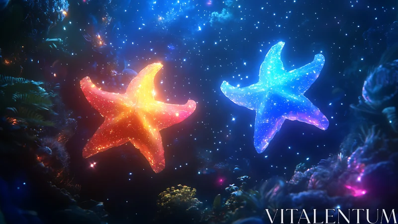 Bioluminescent twin starfish drifting in cosmic reef dream.