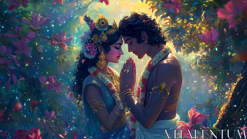 Two ornate figures stand forehead to forehead in glowing forest