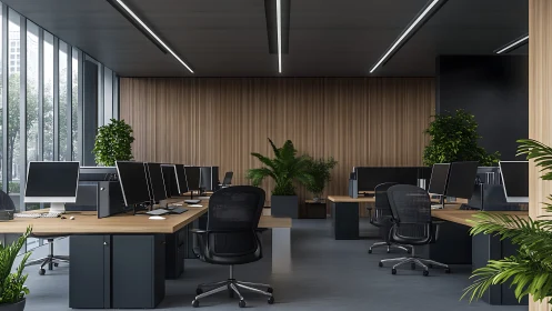 Calm modern office filled with greenery and natural light.