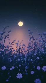 Nocturnal Flower Field Beneath Full Moon with Silhouetted Flora and Starlit Sky