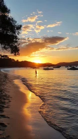 Coastal sunset waveform reflection with silhouetted shoreline subject.