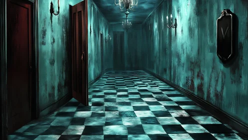 Decayed teal corridor with checkerboard floor and receding vanishing point