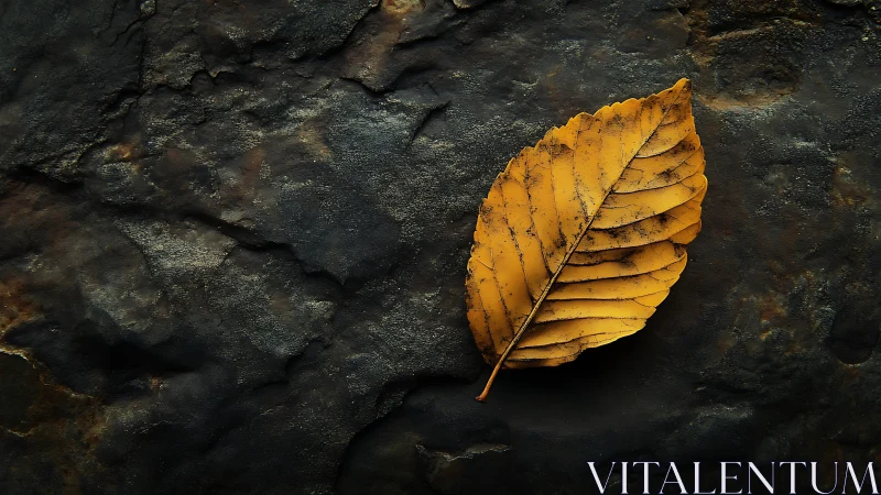Single yellow leaf rests on dark textured stone surface