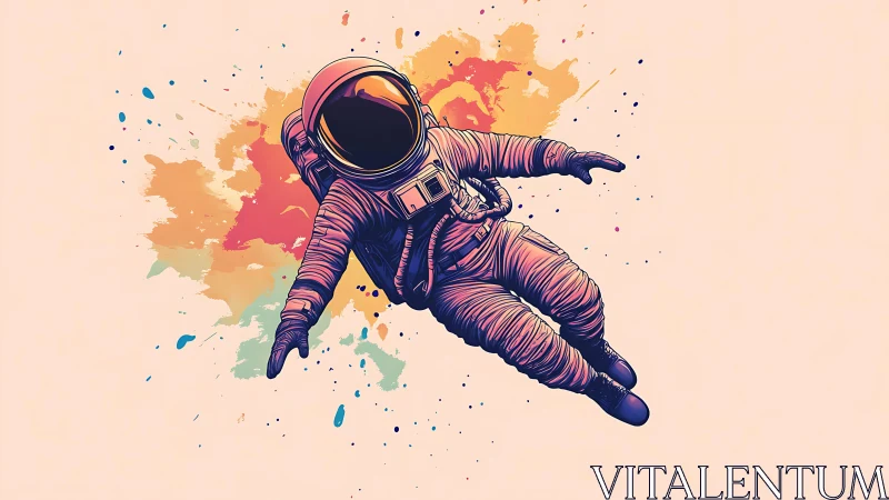 Colorful illustrated astronaut floating on pastel backdrop.