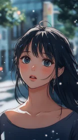 Streetlit daydream girl caught in a hush of soft wonder.