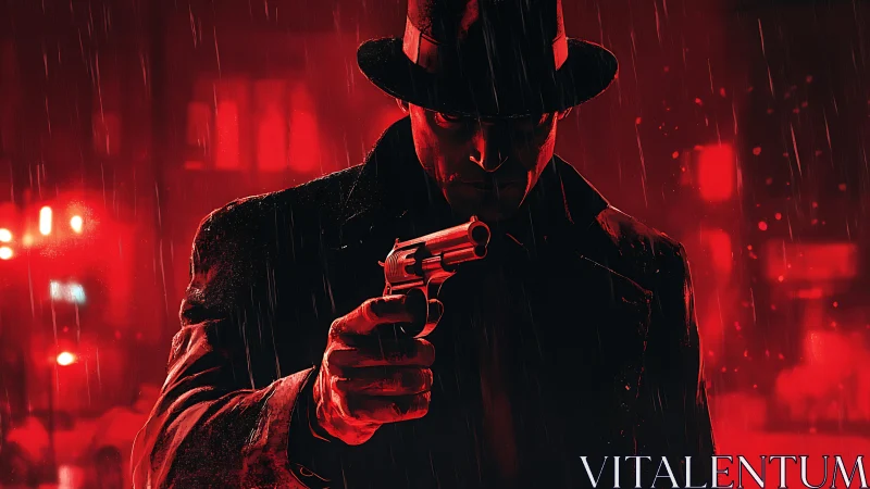 Man in trench coat holding handgun in red rainy city scene.