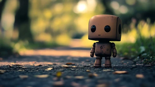 Small toy robot figure stands on a shallow depth street