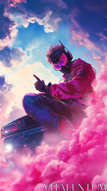 Gas-masked rider in magenta vapor with high-contrast neon sky