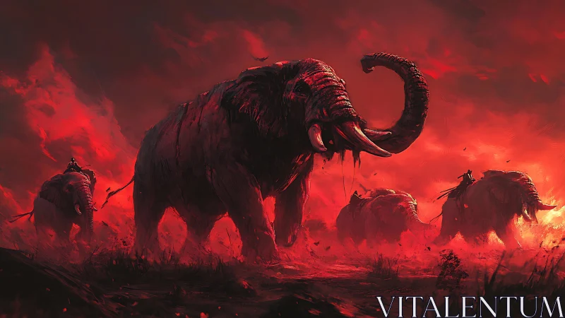 Armored war elephants advance through dense red haze