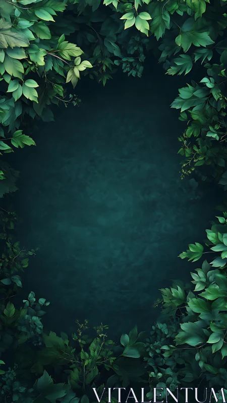 Green foliage border around dark textured background.
