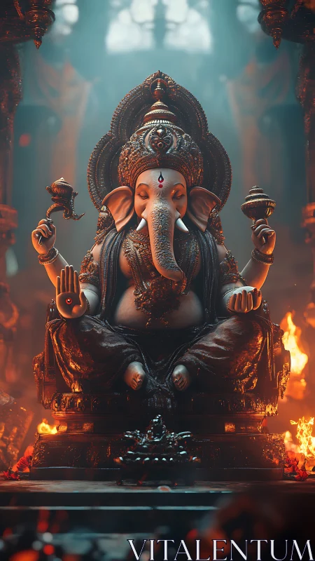 Digital painting of seated Ganesha idol in flaming shrine environment.