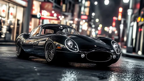 Sleek black vintage sports car reflects neon city lights
