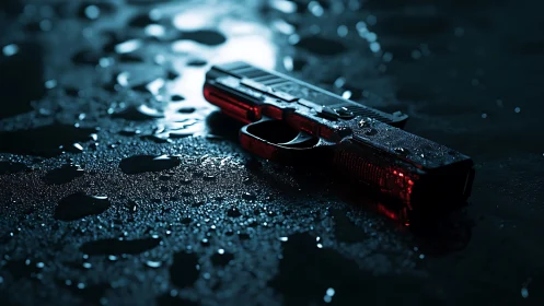 Wet semi-automatic pistol on reflective surface in teal rim light.