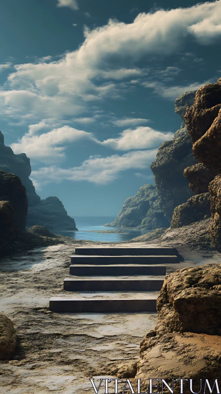 Stone steps gently guide the eye toward a calm hidden sea