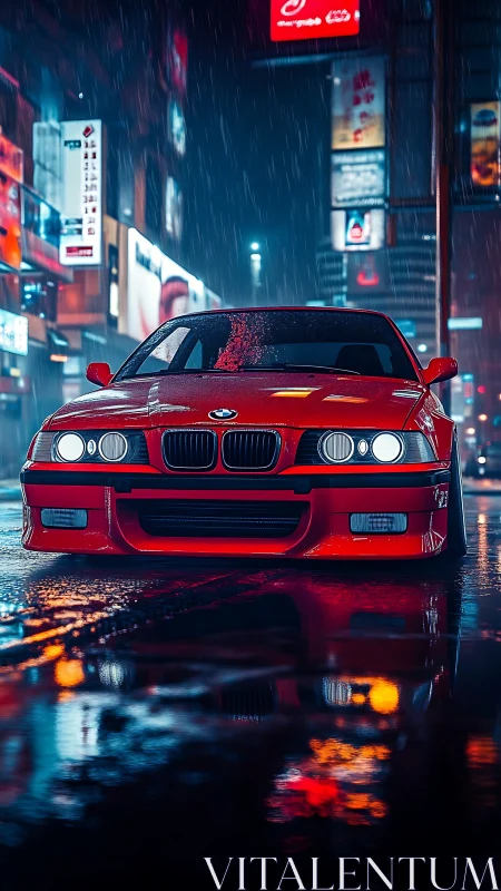 Bold red BMW glows under neon rain on a midnight street.