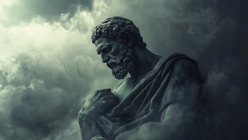 Brooding stone figure stands solemnly within storm clouds