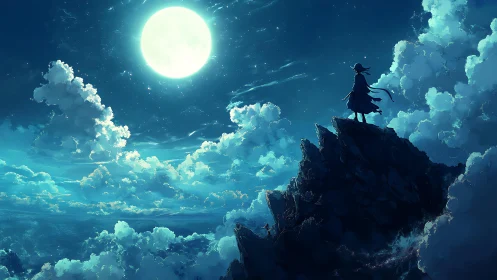 Solitary cloaked figure studies full moon over cloud sea