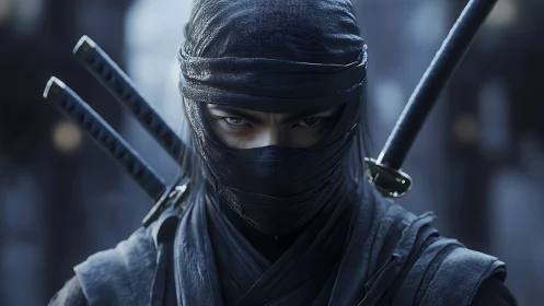 Silent ninja warrior gazing with calm, focused intensity.