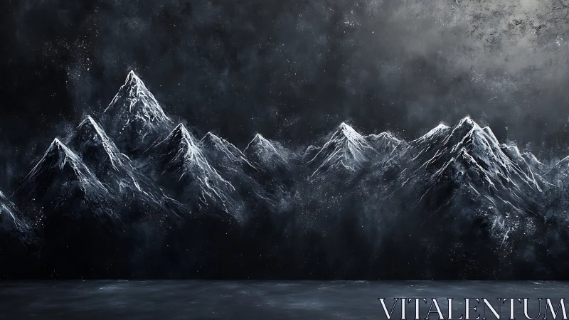 Snow covered mountain range painted on dark night sky