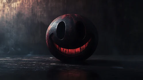 Noir-lit spherical smile glyph with hemorrhagic interior glow.