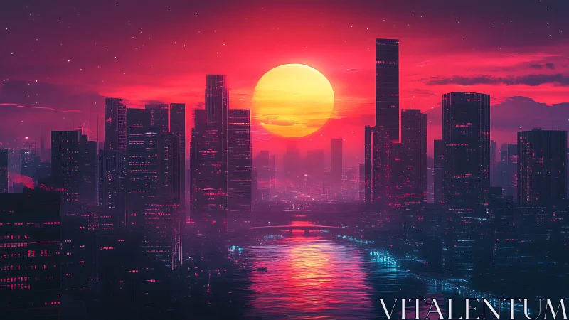 Neon river skyline under saturated magenta sunset glow.